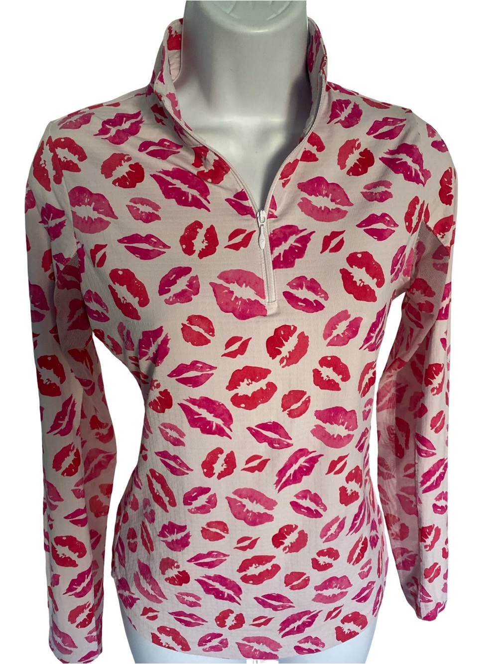 IBKUL Pink & Red Lip-Print Half-Zip Long Sleeve Top
